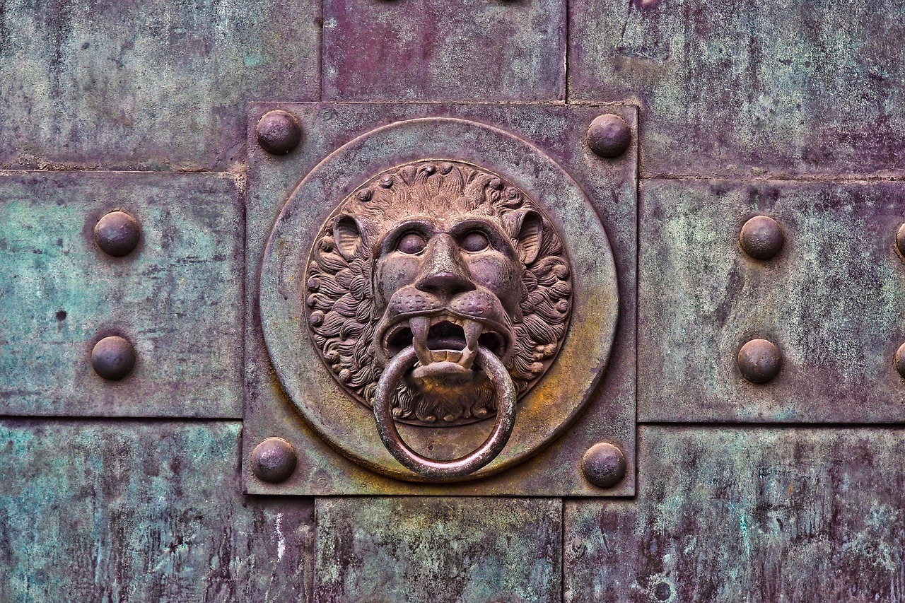 lion head, door knocker, door
