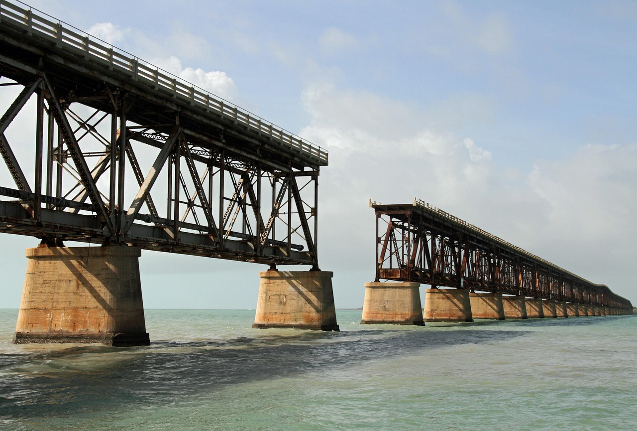 bridge, old, abandon, ocean, keys, nature, florida